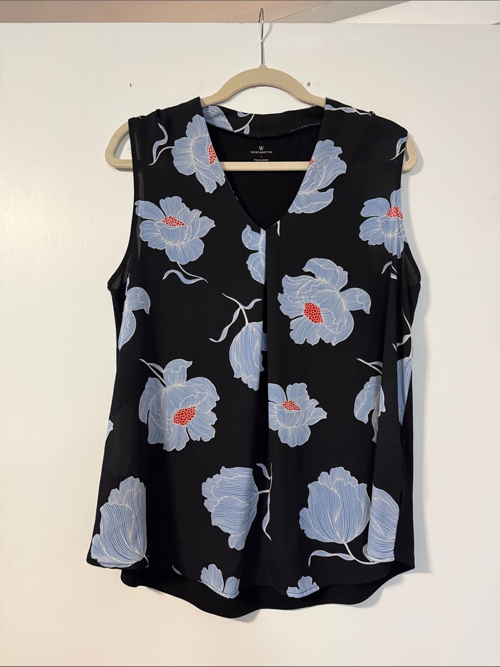 Worthington Black Sleeveless V-Neck Tank with Light Blue Floral Print